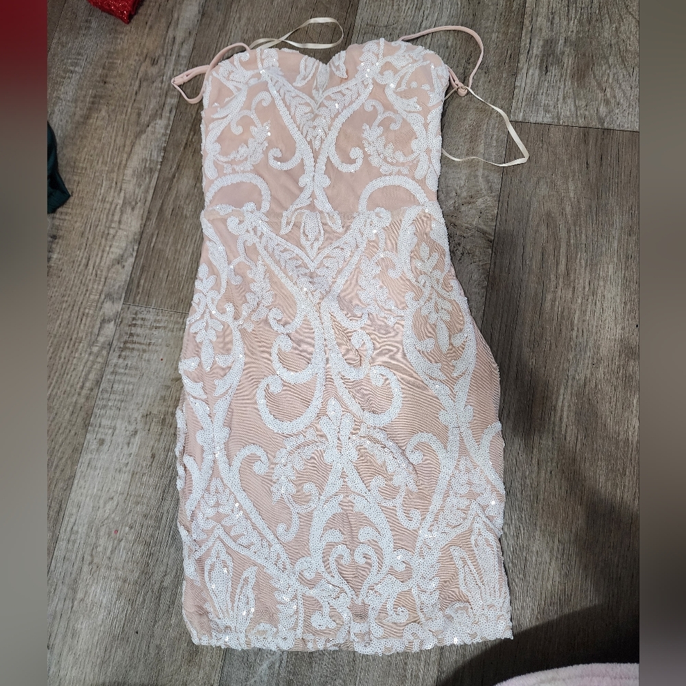 Bodycon Sequin Fitted Dress XS Blush White